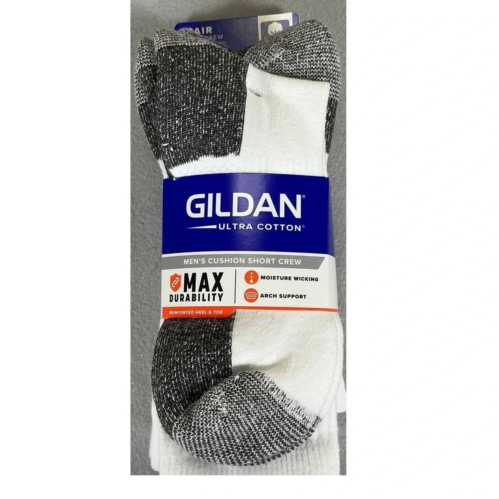 2 Pack Gildan Ultra Cotton Men Cushion Short Crew Socks 6-12 White Gray 6 PR NWT